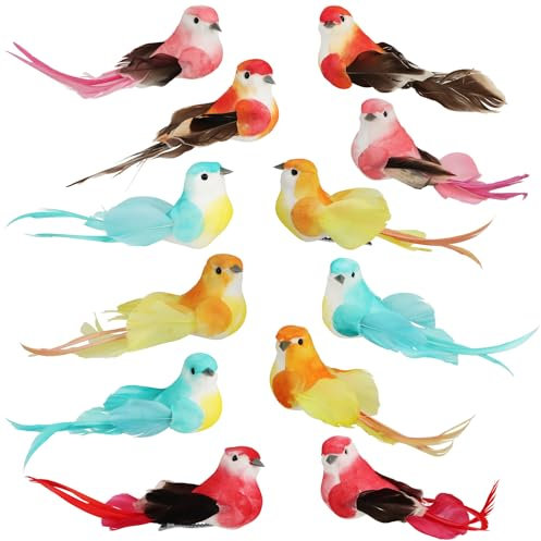 com-four® 12x Dekovogel - künstliche Vögel in 5 bunten Designs - Wintervögel mit Federn und Metall-Clip - Zier-Vogel für Ganzjahresdekoration - Deko-Federling (12 Stück - Mix-Set 01)