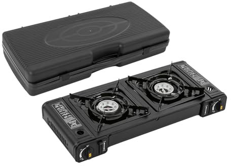 Fornello portatile da campeggio, con custodia, fornello a gas a 2 luci, fornello a gas a doppio gas per camper, appartamenti, esterni