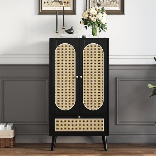 Merax Kommode mit 2 Türen und 1 Schubladen, Modern Highboard Küchenschrank Bücherschrank, Badezimmerschrank aus Holz mit Rattan Türen, für Schlafzimmer & Wohnräume & Büro, Schwarz, 60 x 40 x 110,5 cm