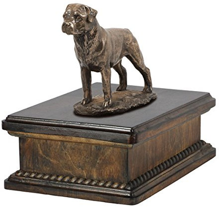 Art-Dog Custom Dog Mama Sitzende Statue Gedenkurne - Handgefertigte kaltgegossene Bronze auf Birkensockel - Urne für die Asche von Hunden - 24,5x29x21cm - 5l - Rottweiler