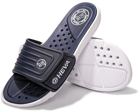HEVA Men's Slide Sandals Fashion Open Toe Beach Pool Slippers (Navy/White01, 6.5)