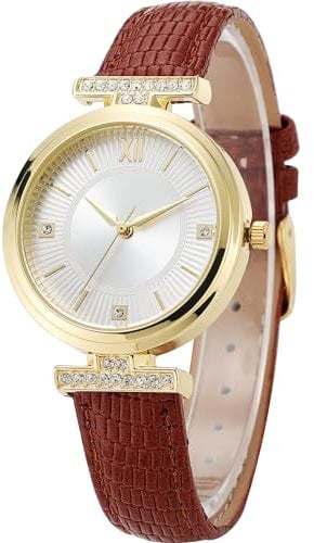 NUOVO Watches for Women Elegant Brown Leather Strap Rhinestone Women's Quartz Watch Water Resist Wristwatch for Daily Life Travel Date Watch