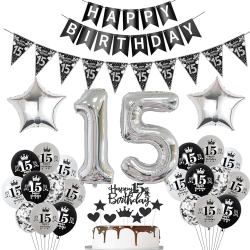 Luftballon 15. Geburtstag Dekoration Schwarz Tortendeko 15. Geburtstag Mädchen Junge Geburtstagsdeko 15 Jahre Junge Mädchen Schwarz Folienballon 15 Ballon 15
