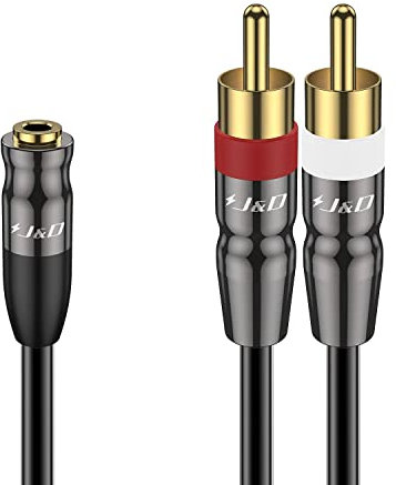 J&D Câble Audio 3,5 mm vers Double RCA, Coque en Cuivre Plaqué or Robuste 3,5 mm Femelle à 2 RCA Mâle Adaptateur Audio Stéréo Câble Adaptateur Cordon, 1.8 Meter