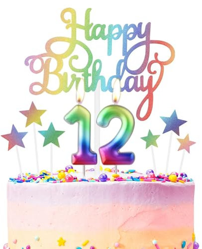 Regenbogen 12th Geburtstag Kerzen, Regenbogen Zahl 12 Kerze für Kuchen, Regenbogen Happy Birthday Kerze Kuchen Toppers, Bunte Kuchen Kerzen Kuchen Toppers für Mädchen Jungen 12th Geburtstag Dekora