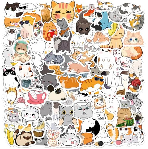 Giantree 100 Stück Niedliche Katzen Aufkleber, Tier Sticker Kawaii Sticker Wasserfeste Aufkleber ästhetische Stickers Karikatur Katze Aufkleber für Scrapbooking Laptop Skateboard