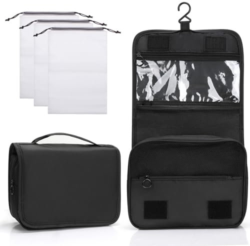 Zivacate Trousse de Toilette à Suspendre, Trousse Toilette étanche avec poignée, Sac de Rangement Maquillage Homme Femme avec 3 Sac à Cordon pour Voyage, Affaires, Fitness, Camping – Noir