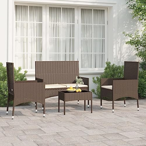 THOYTOUI 4-TLG. Garten-Lounge-Set, Lounge Set Outdoor Gartenset Tisch und stühle Gartengarnitur Set Lounge möbel Outdoor Geeignet für Terrasse Veranda Garten Balkon mit Kissen Braun Poly Rattan