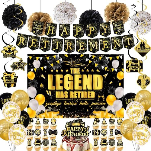 Happy Retirement Ballon-Party-Dekorationen – 51 Stück The Legend Has Retired Backdrop, Happy Retirement Banner, Pom Pom Blumen, Retirement Thema Wirbel, Happy Retirement Cake Topper,