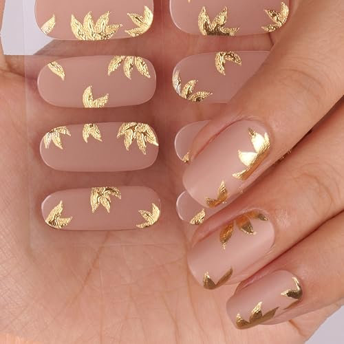 DANNI & TONI 28 Stickers Semi Cured Gel Nail Polish Strips,Latte Nude Matte Gel Nail Stickers,Foil Stamping Salon-Quality Gel Nail Polish Strips Manicure Stickers Set(Golden Leaves),Foil Stamping