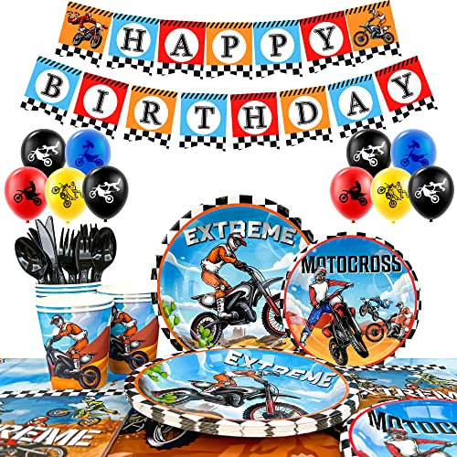 Dirt Bike Motorcycle Party Supplies,54pcs Dirt Bike Birthday Decorations & Dirt Bike Party Tableware Set - Dirt Bike Decorations Plates Tablecloth Banner etc Motocross Birthday Party Supplies