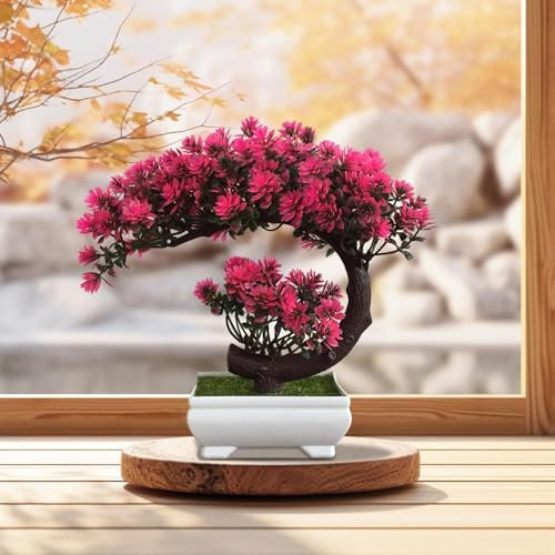 Aizhazha Künstlicher Bonsai Baum, 25x22 cm Bonsai Baum Künstlich, Kunstpflanze, Fake Plant Deko, Plastik Pflanze Kunstbaum, Artificial Plants, Plastikpflanzen für Wohnzimmer, Büro, Zimmer Deko(Rosa)