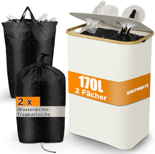 SOUTHGATE Pfandflaschen Sammelbehälter 2 Fächer, 170L Pfandbehälter, Leergut & Altglas Aufbewahrung mit Loch [inkl. 2 XXL Tragetasche],Für Küche, WG, Party | Ideal für Weihnachten & Großfamilien,Beige