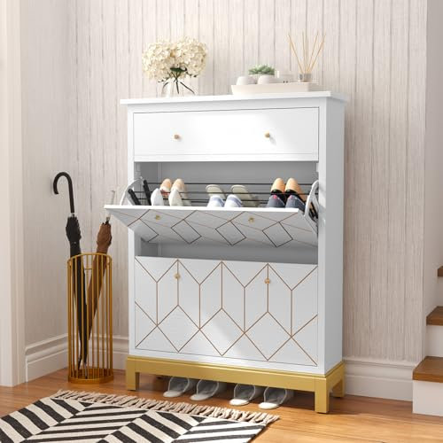 HOLTICO Schuhschrank mit 2 Klappen und 2 Schubladen,Schuhregal Schuhkipper Schmal Schuhablage Verstellbar Schuhkommode Hoch für Eingangsbereich,Weiß