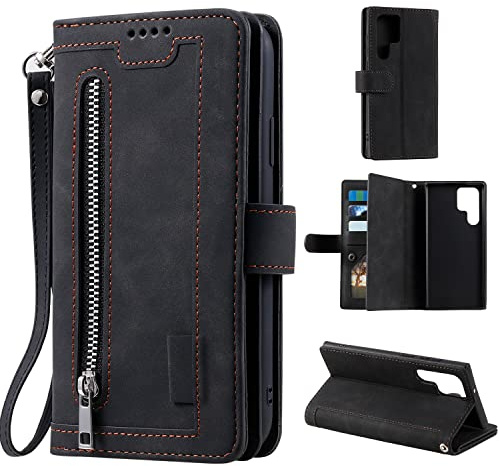 EYZUTAK Handyhülle für Samsung Galaxy S25 Ultra,Flip Case Lederhülle Reißverschluss Magnetverschluss Brieftasche mit 9 Kartenfächern Standfuntion Retro Matt Ledertasche-Schwarz