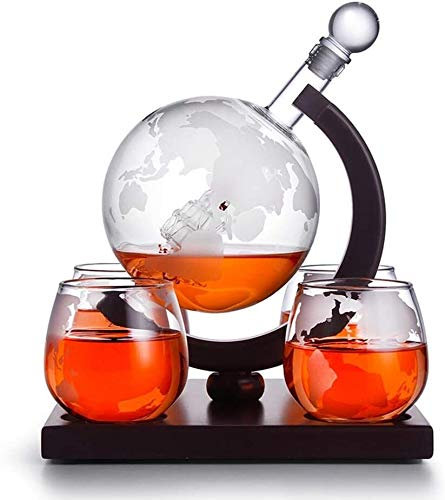 Ensemble de carafe à whisky en verre à whisky, globe à whisky avec 4 verres à whisky gravés, carafe globe de 850 ml avec bouchon en verre, for liqueur, scotch, bourbon, vodka
