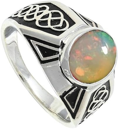 SILVERNROCK Opal-Ring aus massivem 925er-Sterlingsilber, Stein-Bandring, handgefertigt, für Herren und Damen, Schmuck ERG1170BE_54 (17.2)