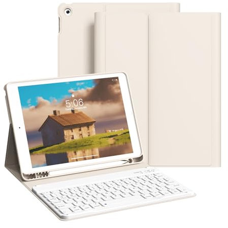 zoyu Hülle mit Tastatur für iPad 9./8./7. Generation 10,2 Zoll 2021/2020/2019, Abnehmbare kabellose Keyboard, Auto Sleep/Wake für Cover iPad 10.2 Zoll Keyboard, QWERTZ Layout, Cremeweiß