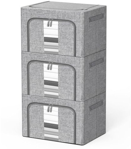 Storage Bags with Zips, 3PCS Linen Clothes Storage Bag 24L 66L 100L Large Storage Bags Foldable with Metal Frame Lid Clear Window Durable Handles for Clothes Bags (24L)