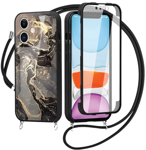 Knrlqim für iPhone 11 6,1 Hülle mit Band, Aesthetic Buntes Marmor Handyhülle mit Kordel zum Umhängen, 360 Grad Handykette Schutzhülle mit Eingebautem Displayschutz, Silikon Stoßfest Case