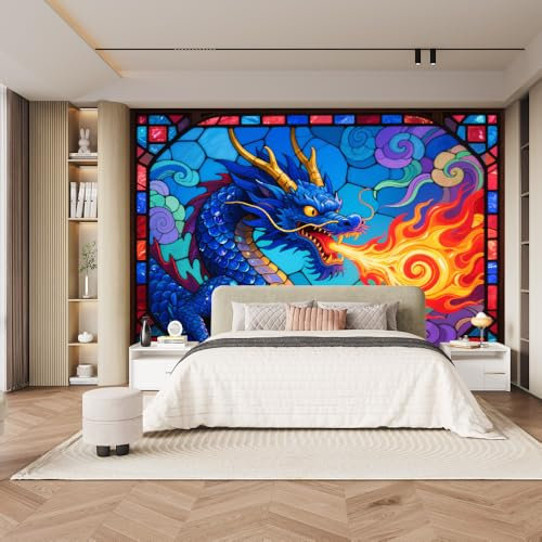 LUPAXA Mural Wallpaper 3D Red and Blue Splicing Dragon 130x80cm，Abstract Animals Silk Cloth Decor Wallpaper,for Living Room Bedroom