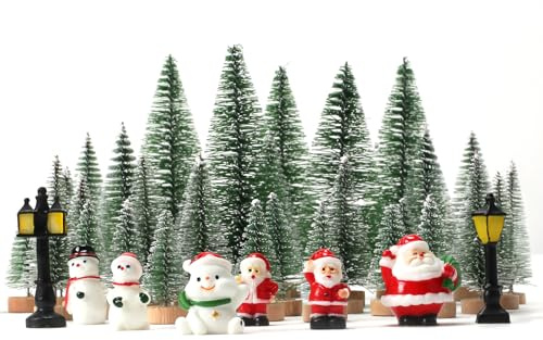 Fairblo 38 Pcs Miniature Sisal Snow Frost Tree Set, Mini Artificial Christmas Trees, Santa Claus Snowman Figures, Small Bottle Brush Trees with Wood Base for Christmas Village Tabletop Decoration
