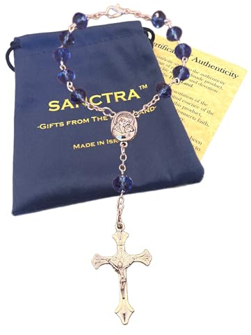 SANCTRA Auto-Rosenkranz, handgefertigt und im Heiligen Land gesegnet, Gebetsperlen mit Heiligenmedaille und Kruzifix, Geschenkbeutel und Echtheitszertifikat, Rosenkranz für Rückspiegel/Schalthebel
