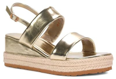 ESSEX GLAM Women's Low Heel Platform Wedge Sandals Ladies Gold Metallic Espadrille Open Toe Double Strap Slingback Shoes Size 5