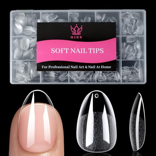 QIEK 240 Pcs Nail Tips for Gel Extensions, 15 Sizes, Half Matte Clear | Acrylic Soft Gel X, Full Cover Tips, Pre-Shaped Press On Nails