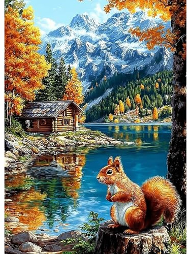 CEOVR Landschaft Diamond Painting Bilder Kit Erwachsene,5D Diamond-painting 30x40cm,Diamant Art Set,Eichhörnchen am Fluss