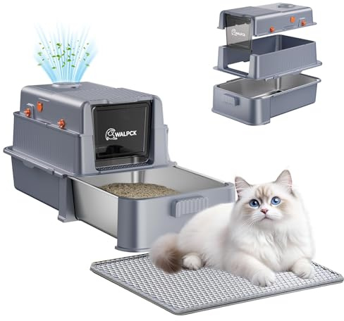 Stainless Steel Cat Litter Tray with Drawer & Lid, XXL Removable Metal Cat Litter Box with 105° Flip Lid, Large Pet Toilet with Cat Litter Deodorizer, High Sided Litter Tray with Scoop, Mat & Pedal