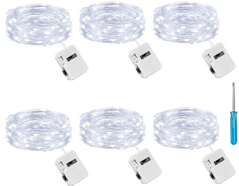 litogo 6 Pack Fairy Lights Battery Operated, 3 Modes Small String Lights | IP65 Waterproof Silver Wire, 2M 20LED Mini Battery Christmas Light for Jars Party Indoor Outdoor Home Decorations, Cool White