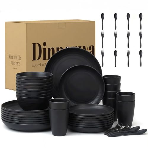 Wrova 48-Piece Dinner Set Reusable Plastic Cutlery Set for 8 | Unbreakable Plates Set Microwave & Dishwasher Safe Kitchen Dinner, Ideal for Camping, RV, Wedding - Black