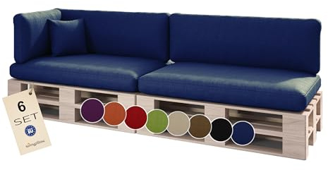 sunnypillow Palettenkissen für Palettenmöbel - 6er Set - Palettenauflage für Palettensofa für Haus Garten - Palettenpolster mit abnehmbarem Bezug für Europaletten - Rückenkissen & Sitzkissen Blau