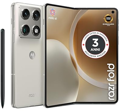 Motorola razr fold con 3 anni di garanzia (16/512GB, tripla camera 50MP, Display interno 8.1 esterno 6.6 pOLED 165Hz, Snapdragon® 8 Gen 5, 6000mAh, TurboPower 80W, Android 16) PANTONE Lily White