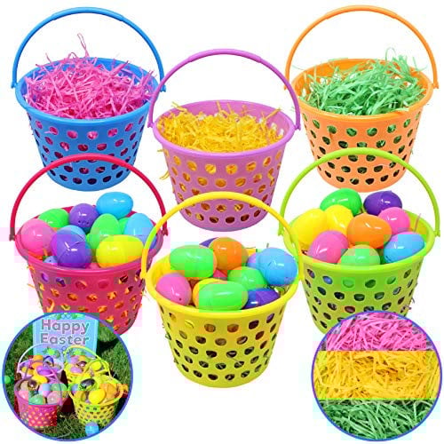 JOYIN 6 Pieces 8 Easter Egg Baskets with Handle and 55 g Tricolors Easter Grass for Easter Theme Garden Party Favors, Easter Eggs Hunt, Easter Goodies Goody, Basket Fillers Stuffers Toy
