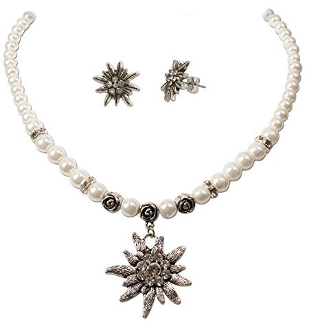 Set di gioielli collana tradizionale e orecchini a perno con stella alpina strass - set tradizionale per donna, collana di perle per la camicetta, gioielli per Oktoberfest (crema bianco)
