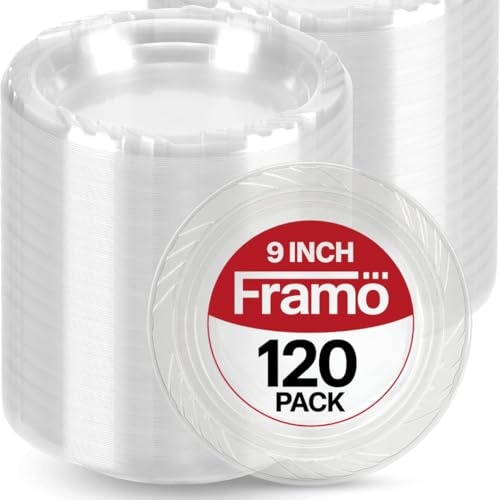 Framo 9 Inch Clear Plastic Dinner Plates 120 Pack, Heavy Duty Disposable