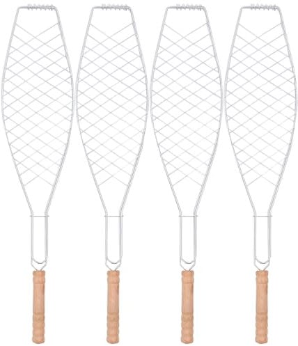 4pcs Grilled Net with Wooden Handle Fish Barbecue Clip for Outdoor Bbq Camping Picnic Durable Non-stick Grill Tool for Easy Cooking and Storage