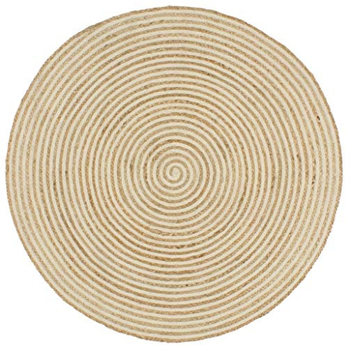 yorten Jute Teppich Rund 90 cm Teppich Handgefertigt Jute mit weißem Spiraldruck Wohnzimmerteppich Teppiche geflochten (Natur)