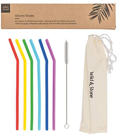 Wild & Stone | Six Multi-Coloured Silicone Straws | Cleaning Brush & Cotton Pouch | Reusable Eco-Friendly, Food Grade Silicone & Dishwasher Safe