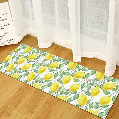 Morbuy Küchenmatte Teppich Schlafzimmer Wohnzimmer Rutschfester Türvorleger mit 3D Botanischer Druck,Flanell Personalisierte Fußmatte Waschbarer Küchenteppich Bodenmatte (60x180cm,Zitrone)