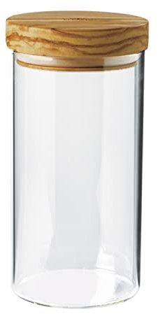 Berard Vorratsglas mit Olivenholzdeckel | 900 ml Ø 10 cm Höhe: 20 cm | Dose mit Deckel aus hitzebeständigem Borosilikatglas | Frischhaltedosen mit Deckel | Luftdichte Behälter dank Silikonring