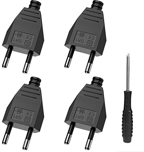 Flachstecker, Eurostecker, PABANCE Steckdosenstecker Flach Stromstecker 250V 2.5A Stecker Flach Schraubanschluss Lose, Schwarz, 4 Stück