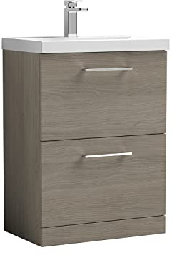 nuie ARN2533A Arno Modern Bathroom Floor Standing 2 Drawer Vanity Unit with Mid-Edge Ceramic Basin, 600mm, Woodgrain Solace Oak