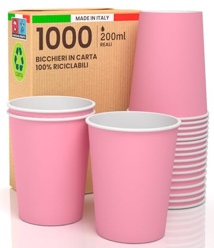 1000 Bicchieri in Carta 200ml Ecologici Biodegradabili Monouso Made in Italy Asporto Bevande Calde Acqua Colorati ROSA - Prodotto e Confezionato in Italia