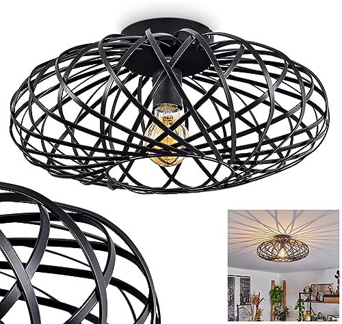 HOFSTEIN Deckenleuchte Oravi, runde Deckenlampe aus Metall in Schwarz, 1-flammig, E27-Fassung, Ø 40 cm, Leuchte im Retro/Vintage-Design mit tollem Lichteffekt durch Gitter-Optik, ohne Leuchtmittel