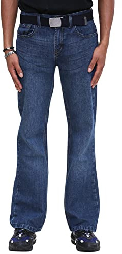 True Face Men's Bootcut Jeans – Straight Leg Regular Fit Denim Trousers, Zip Fly, Flared Stretch Bell Bottom with Multiple Pockets & Free Belt Boot Cut Jeans for Men UK Dark Wash 38W / 32L