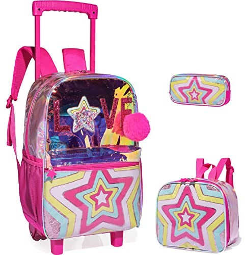 ZBAOGTW Rollrucksack für Mädchen mit Rollen, Schulrucksack mit Rädern, Trolleyrucksack mit großer Kapazität für Mädchen, Rosa Stern, 16.5 inches x 11.8 inches x 7.9 inches, Classic