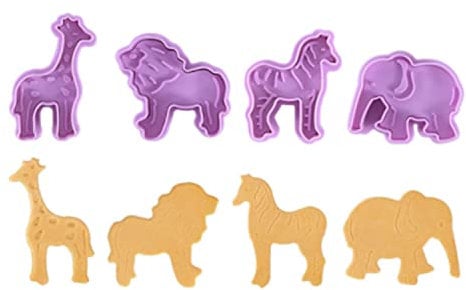 NentMent Lot de 4 emporte-pièces 3D en forme d'animal pour fondant, biscuit, gâteau, décoration de gâteau, outils de pâtisserie, crackers, piston, tampon, bonbon, lion, girafe, zèbre, éléphant